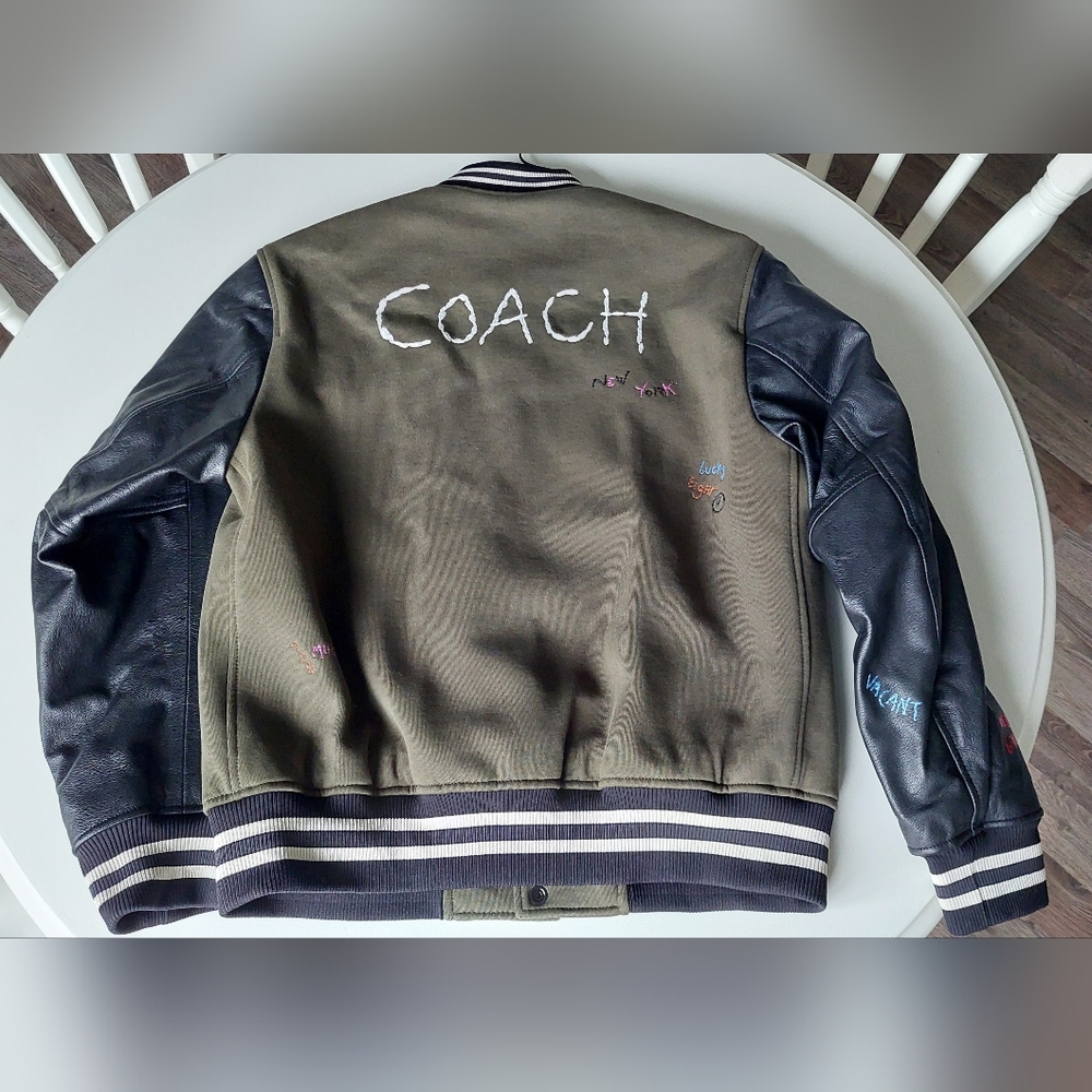 Nwt Coach Diary Script Varsity Jacket Olive Drab Leather Sz Large Sold Out Rare